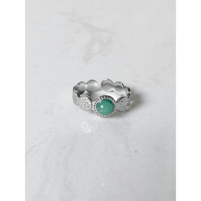 'Noé' ring silver green stone - stainless steel (verstelbaar)
