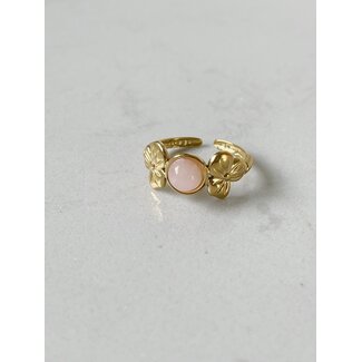 Anillo 'Pétalo de flor' cuarzo rosa - Acero inoxidable (ajustable)