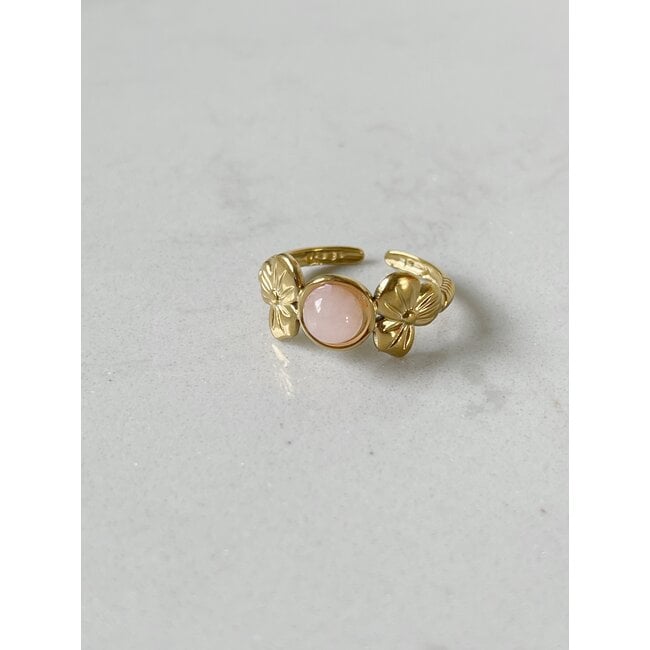 'Flower petal' ring rose quartz - Stainless Steel (adjustable)