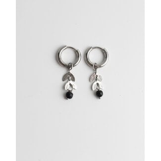 Black Stone Leaf Earrings SILVER - stainless steel