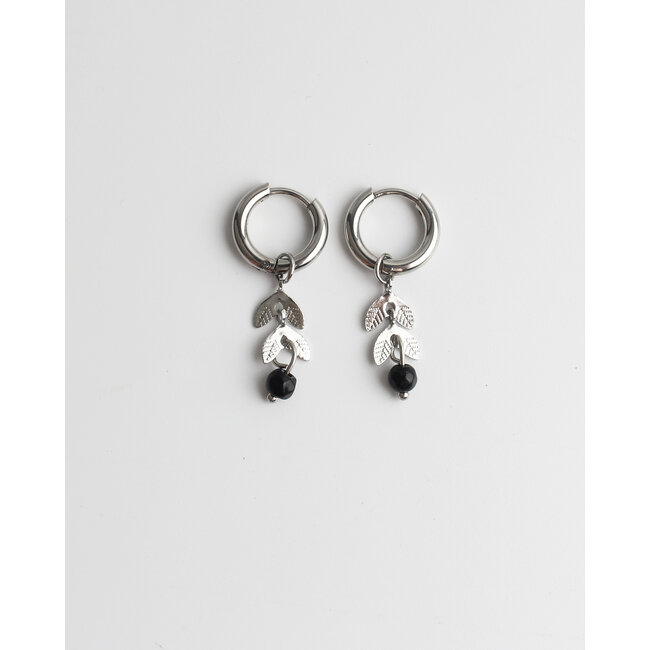 Black Stone Leaf Earrings SILVER - stainless steel