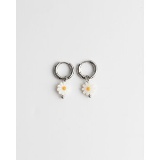 Boucles d'Oreilles Fleur Marguerite Blanche ARGENT - Acier Inoxydable