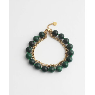 Bracelet 2 couches grosse pierre vert foncé - acier inoxydable