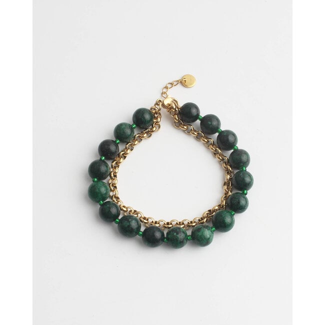 Bracelet 2 couches grosse pierre vert foncé - acier inoxydable