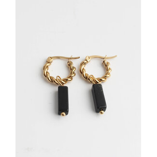 Boucles d'Oreilles 'Odilia' Or & Pierre Noire - acier inoxydable