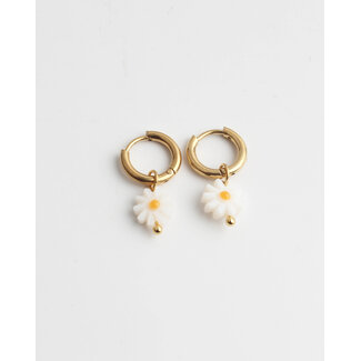 White Daisy Flower Earrings Gold - Stainless Steel