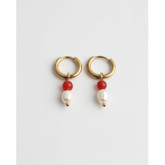 Boucles d'Oreilles 'Milou' Rouge & Perle - Acier Inoxydable