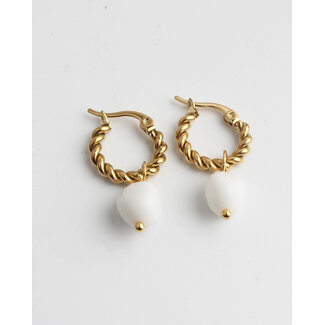 'Louane' White Natural Stone Twist Hoops Gold - Stainless Steel