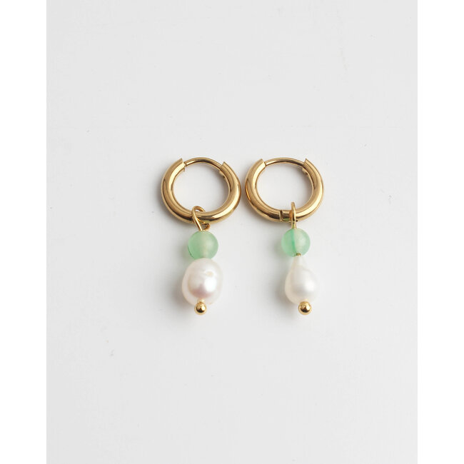 'Milou' Earrings Green & Pearl - Stainless Steel