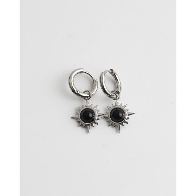 Black Sun  Earings Silver - Natural stone - stainless steel