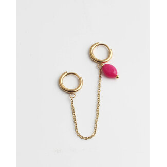 Dubbele oorring Dark Pink Natural Stone' Gold - stainless steel (1 pcs)