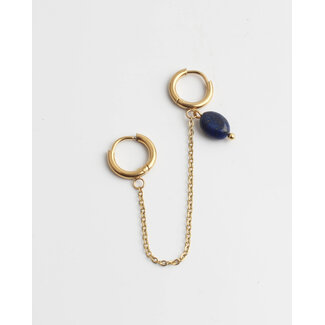 Dubbele oorring Dark Blue Natural Stone' Gold - stainless steel (1 pcs)