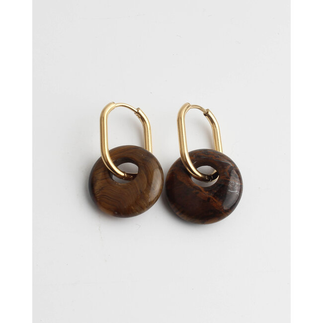 'Tirza' Earrings Gold tiger eye stone - Stainless Steel