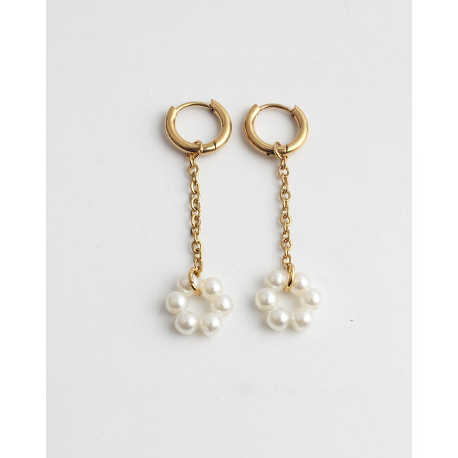 Long daisy pearl hoops - stainless steel