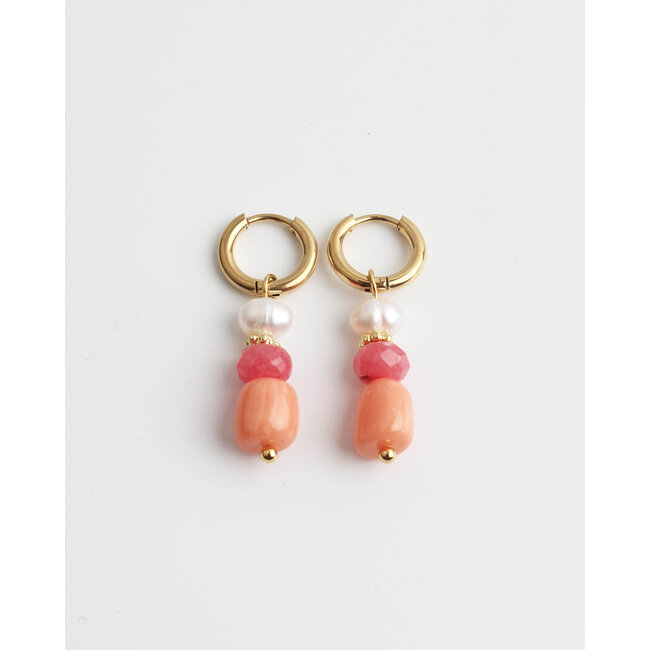 Coral & Pearl Natural stone earrings - stainless steel