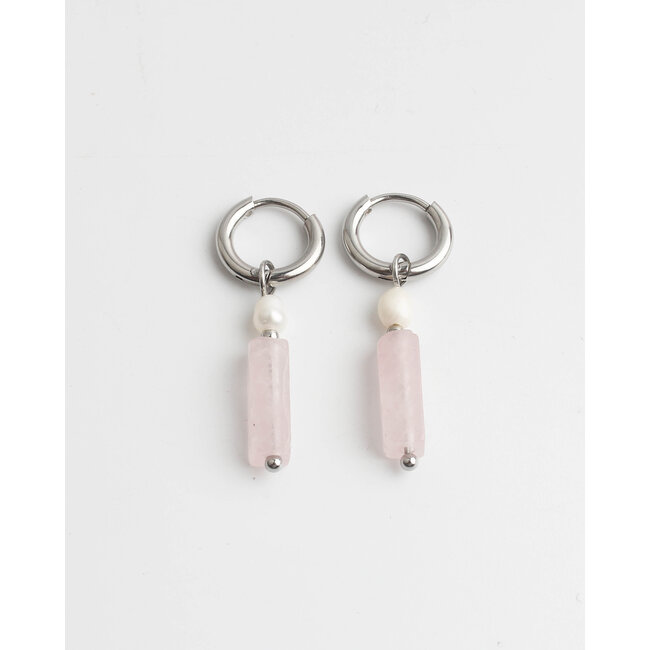 Boucles d'Oreilles Dora & Pearl Quartz Rose Argent - Acier Inoxydable