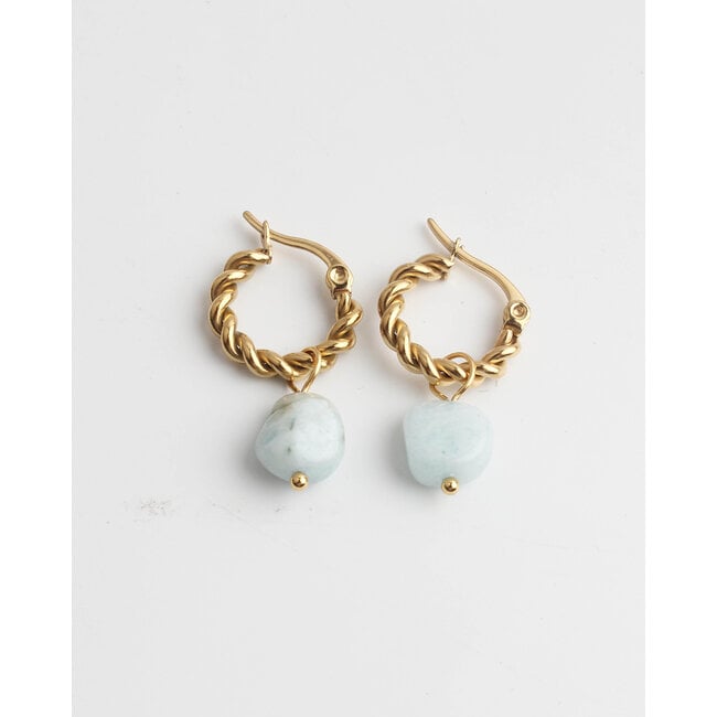 'Louane' Light Blue Natural Stone Twist Hoops Gold - Stainless Steel