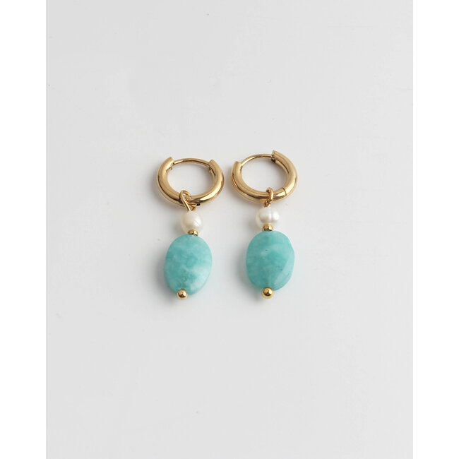 Turqouise stone & pearl earrings gold - stainless steel