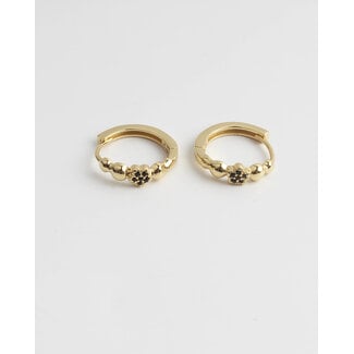 Round Black Flower Earrings - Gold Plated