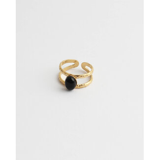 'Suzi' natural stone ring black - stainless steel (adjustable)