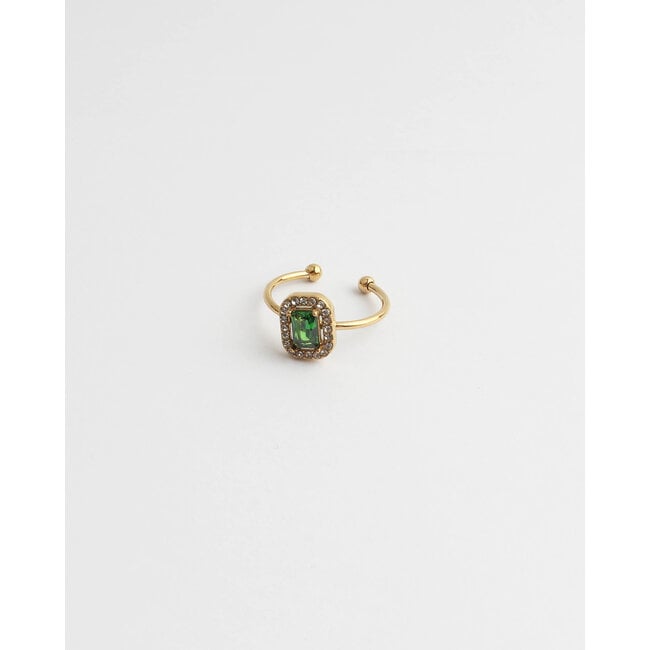 'GREEN SQUARE STRASS'  RING GOLD- STAINLESS STEEL (VERSTELBAAR)