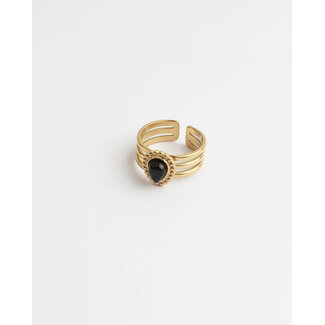 'Menthe' ring gold black agate - stainless steel (adjustable)