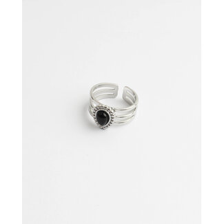 Bague 'Menthe' argent agate noire - acier inoxydable (réglable)