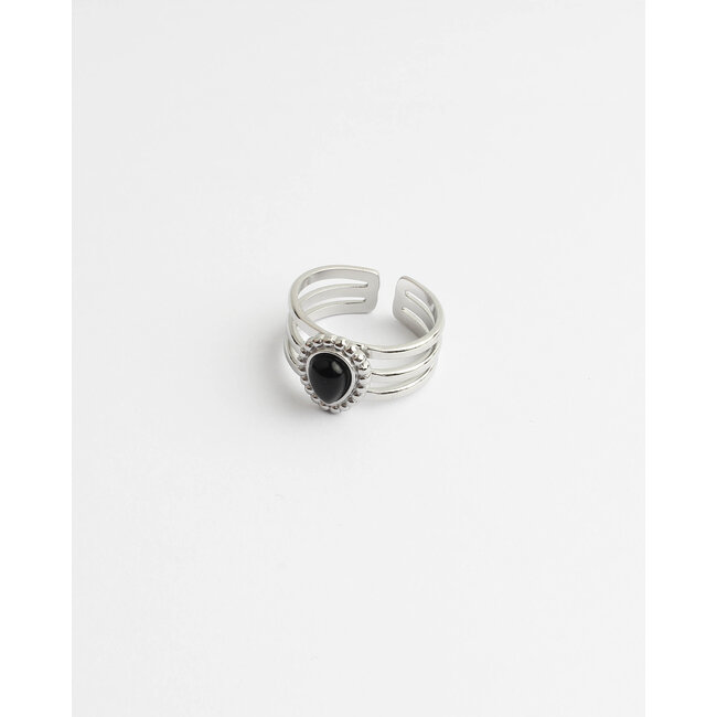 Bague 'Menthe' argent agate noire - acier inoxydable (réglable)