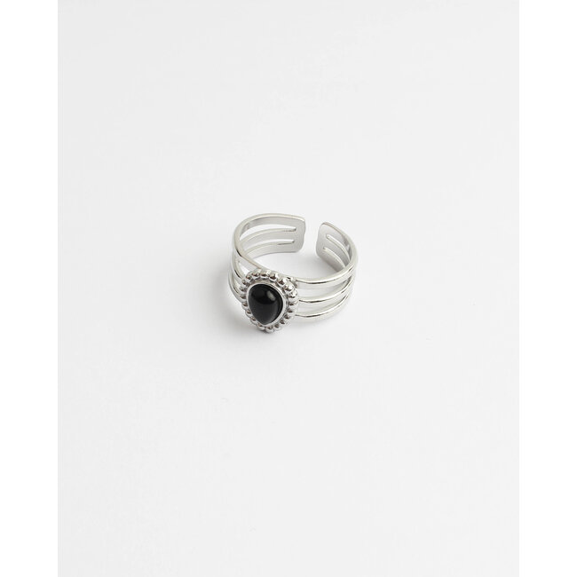 Ring 'Menthe' Silber Achat schwarz - Edelstahl (verstellbar)
