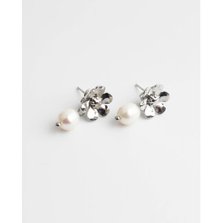 Boucles d'oreilles puces perle & marguerite argent - acier inoxydable