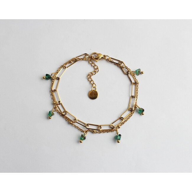 2- layer chain bracelet 'Green Stones' - stainless steel