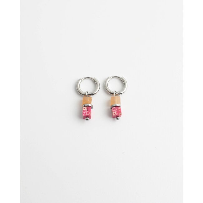 ORANGE & PINK STONE EARRINGS SILVER - STAINLESS STEEL