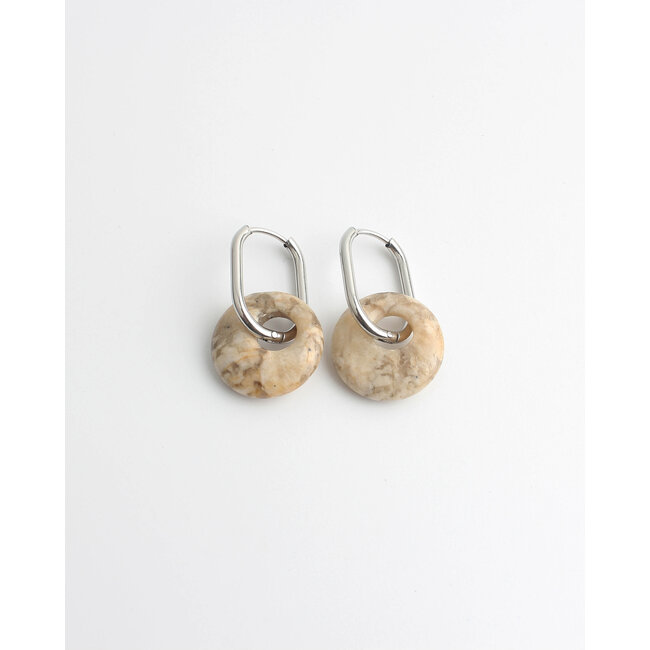 'Tirza' Earrings Silver Beige Stone  - Stainless Steel