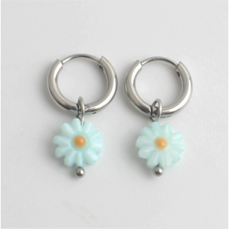 Blue  Daisy Flower Earrings Silver - Stainless Steel