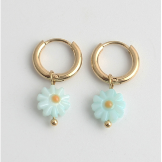 Blue  Daisy Flower Earrings Gold - Stainless Steel