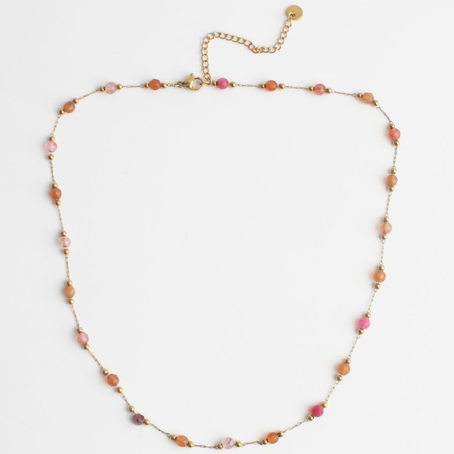 'Sophia' Necklace Natural Stones ORANGE & PINK- Stainless Steel
