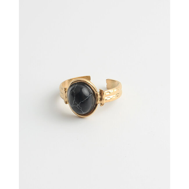 'Megane' Black Natural Stone ring - stainless steel (adjustable)