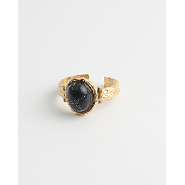 'Megane' Black Natural Stone ring - stainless steel (verstelbaar)