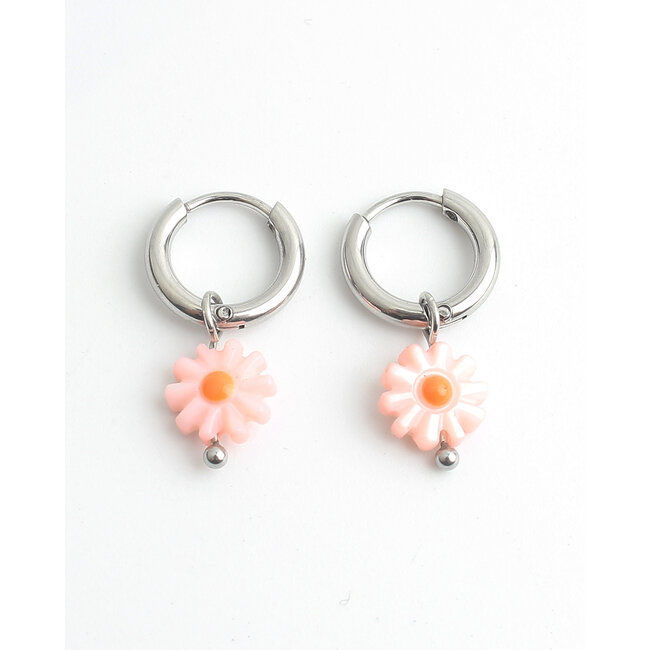 Boucles d'Oreilles Fleur Marguerite rose ARGENT - Acier Inoxydable