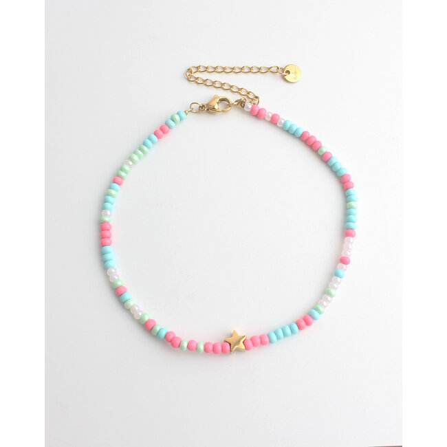 Bracelet de cheville 'Colorful star' bleu & rose - Acier inoxydable