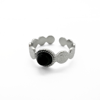 'Noe' ring SILVER black stone - stainless steel (verstelbaar)