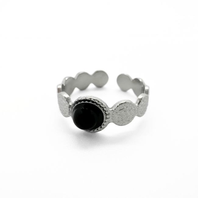 Anillo 'Noé' plata piedra negra - acero inoxidable (ajustable)