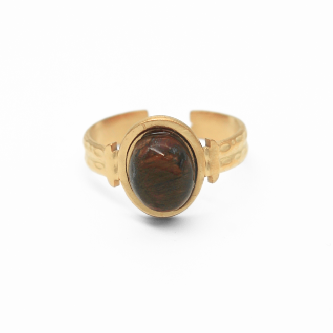 Bague Pierre Naturelle Marron 'Mégane' - acier inoxydable (réglable)