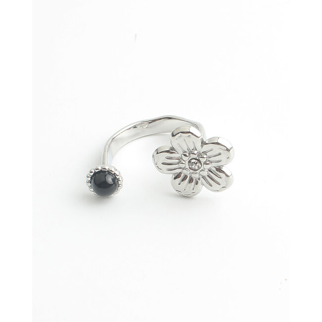 'Flox' Anillo Plata Ágata negra - Acero inoxidable (ajustable)