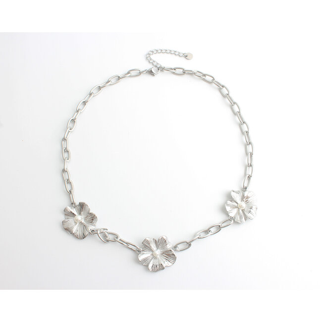 'Three flowers' Ketting Zilver- Stainless steel