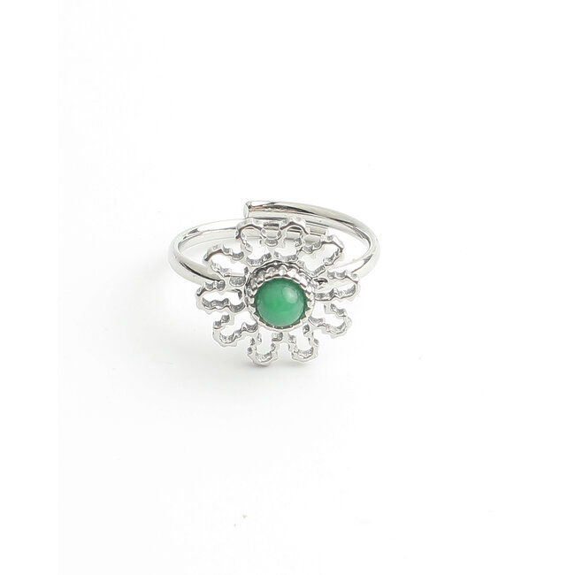 'Flori' Ring Silver Green - Stainless steel (adjustable)