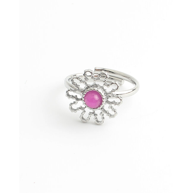 'Flori' Ring Silver Pink - Stainless steel (adjustable)