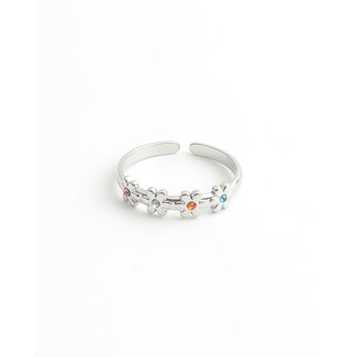 'Lovely flowers' Bague Argent Multicolore - Acier inoxydable (ajustable)