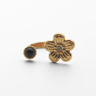 'Flox' Ring Gold Black agate - Stainless steel (adjustable)