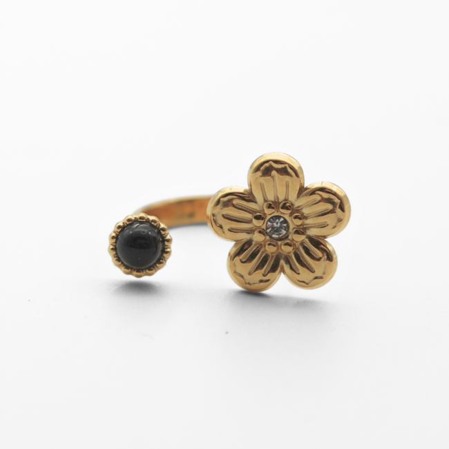 'Flox' Anillo Ágata negra dorada - Acero inoxidable (ajustable)